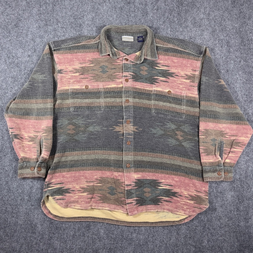 Coldwater Creek Button Up Men XL Multi Color Aztec Southwestern Geometric Shirt